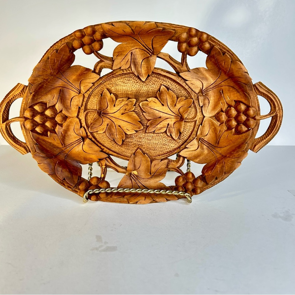 Carved Wooden Leaf and Grape Tray